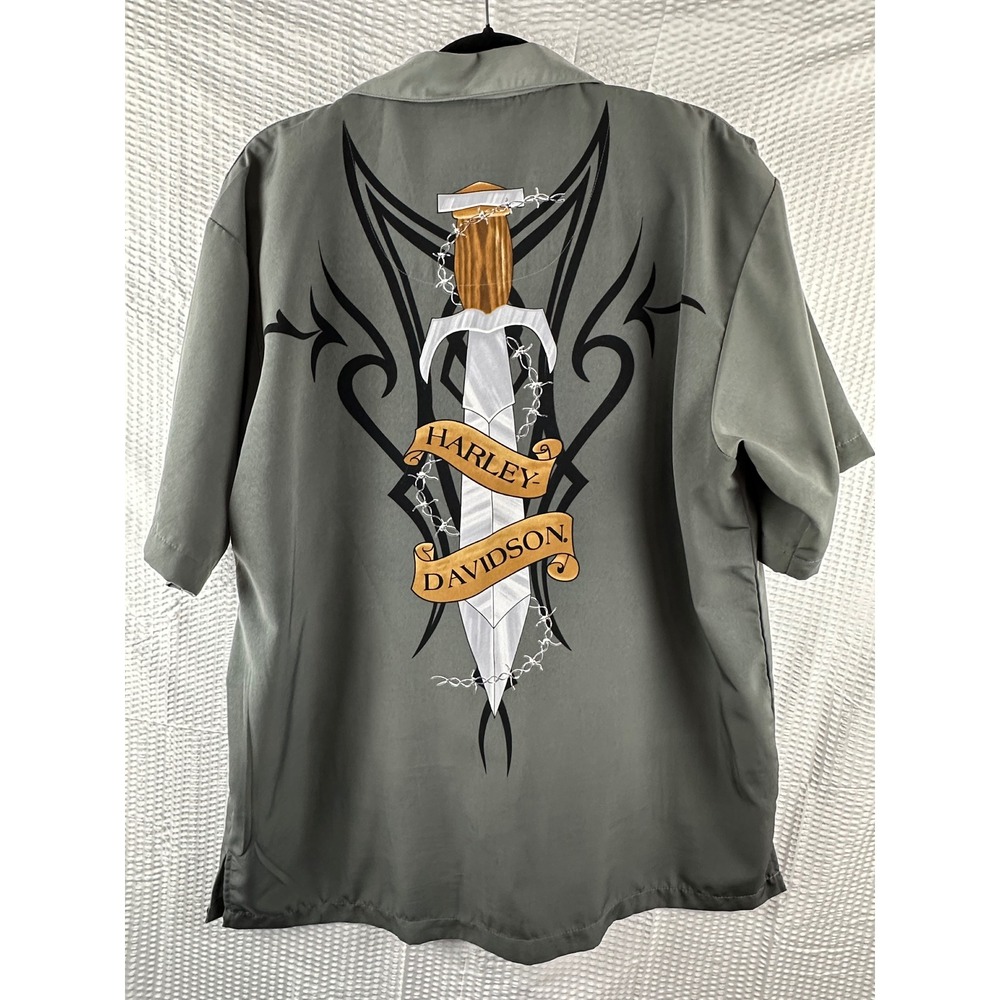 Harley Davidson 2004 Gray Dagger Big Back Print Button Front T Shirt LARGE - Picture 7 of 10